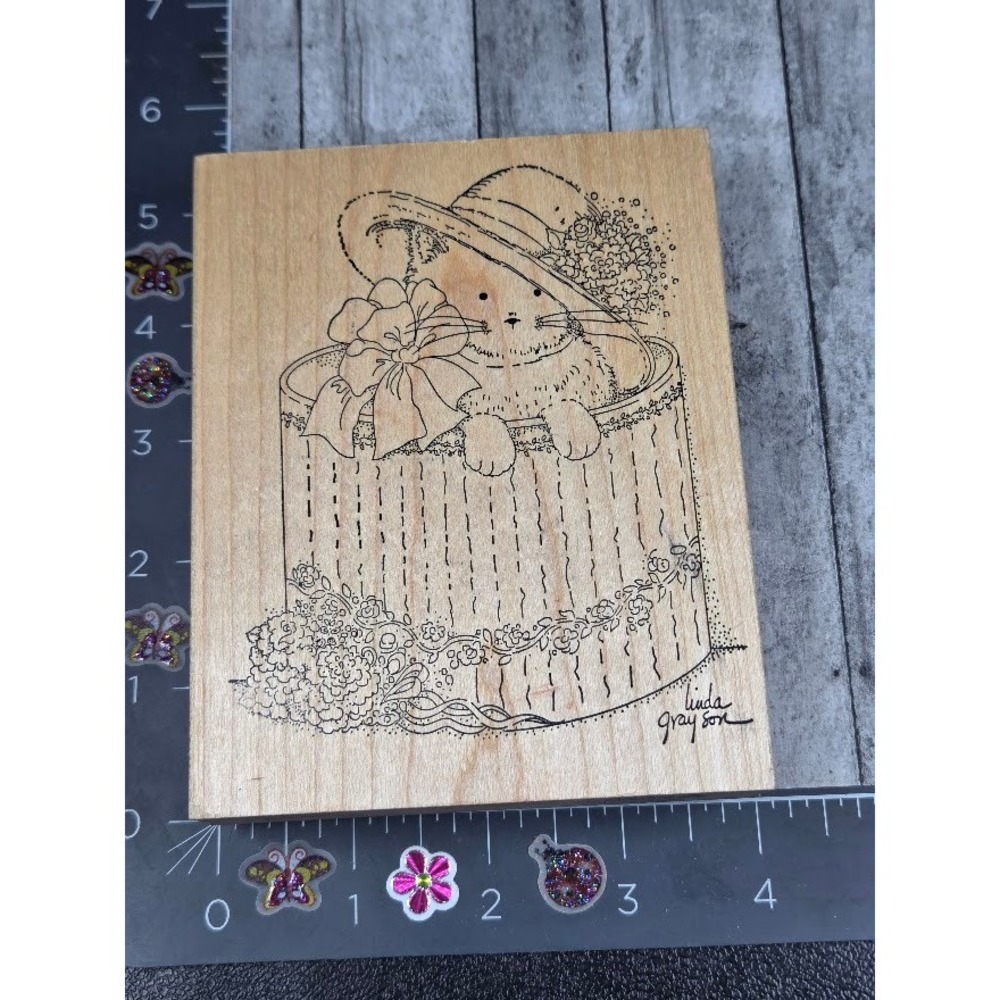 Stamps Happen Cat Kitty Hat Box Floral Hat Rubber Stamp Wood #E6